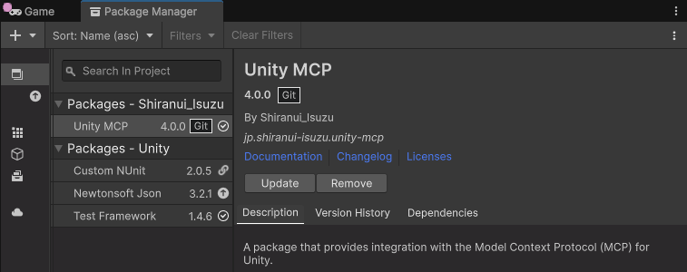 Screenshot of Unity's Package Manager with Unity MCP added to the list and selected.