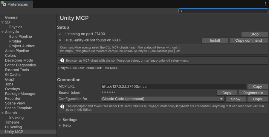 Screenshot of the Unity MCP page in Preferences, with the first Setup row reading Listening on port 27400 next to a check mark.